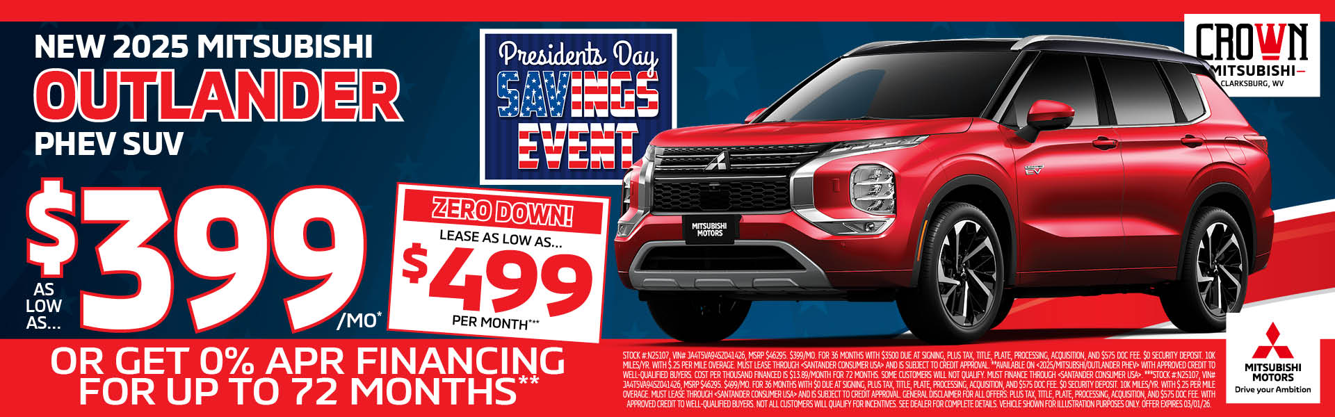 New 2025 Mitsubishi Outlander PHEV Lease for $399/mo. 