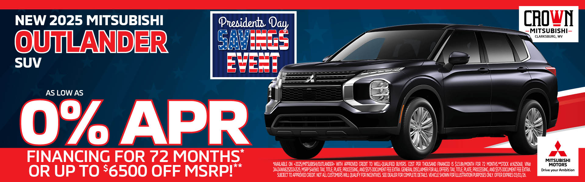 New 2025 Mitsubishi Outlander 0% APR