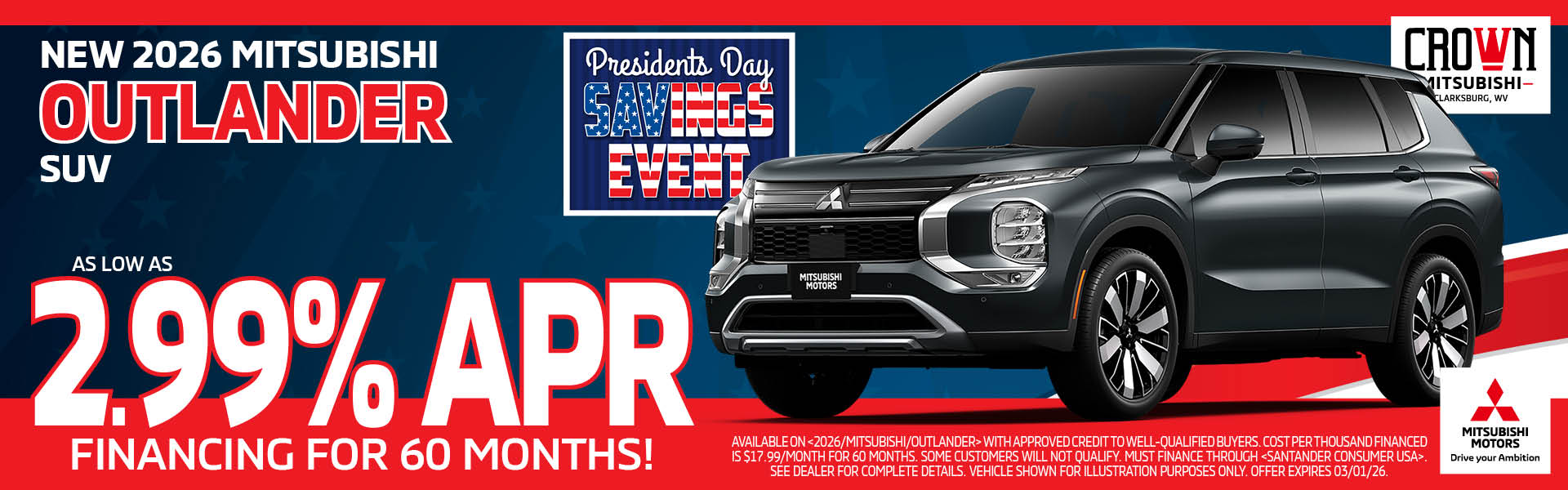 New 2026 Mitsubishi Outlander 2.99% APR