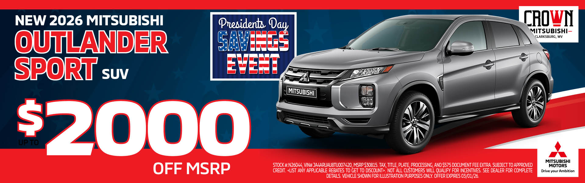 New 2026 Mitsubishi Outlander Sport $2,000 Off